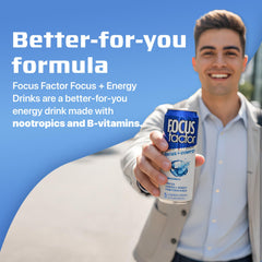 Focus Factor can in hand demonstrating 355ml size and portability