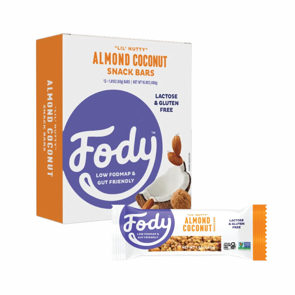 Fody front packaging showing Almond Coconut bars for easy identification and convenience