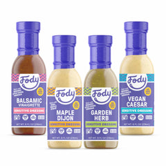 Fody front packaging showing four bottles and clear product variety and benefits