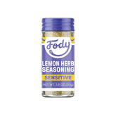 Fody front packaging jar showing brand and lemon herb seasoning benefits