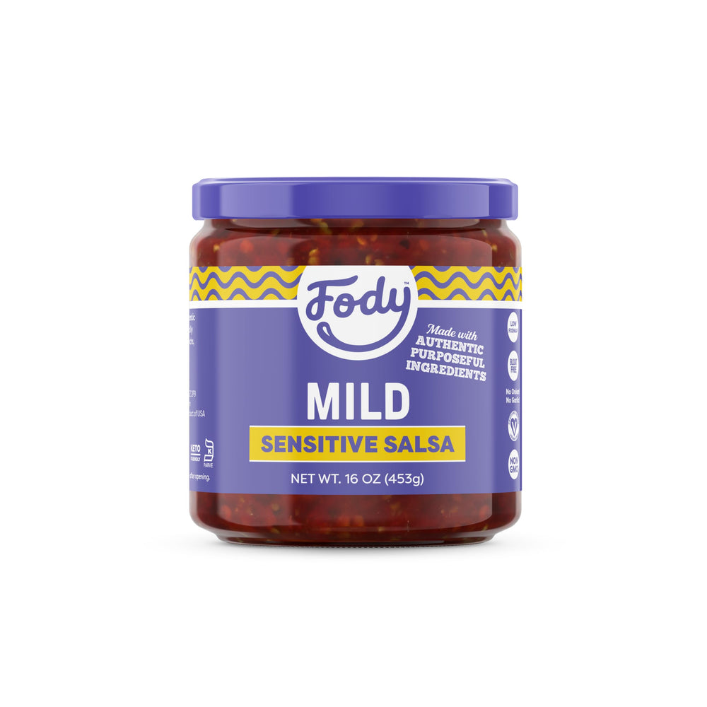 Fody mild salsa front packaging showing jar and label, clear ingredient benefits