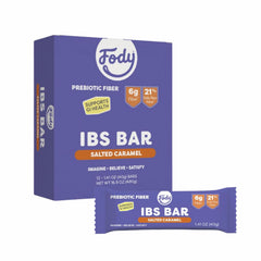 Fody front packaging showing salted caramel bars, convenient IBS-friendly snack