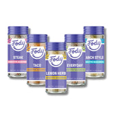 Fody variety pack front view showing five low FODMAP seasoning jars for easy meal flavoring