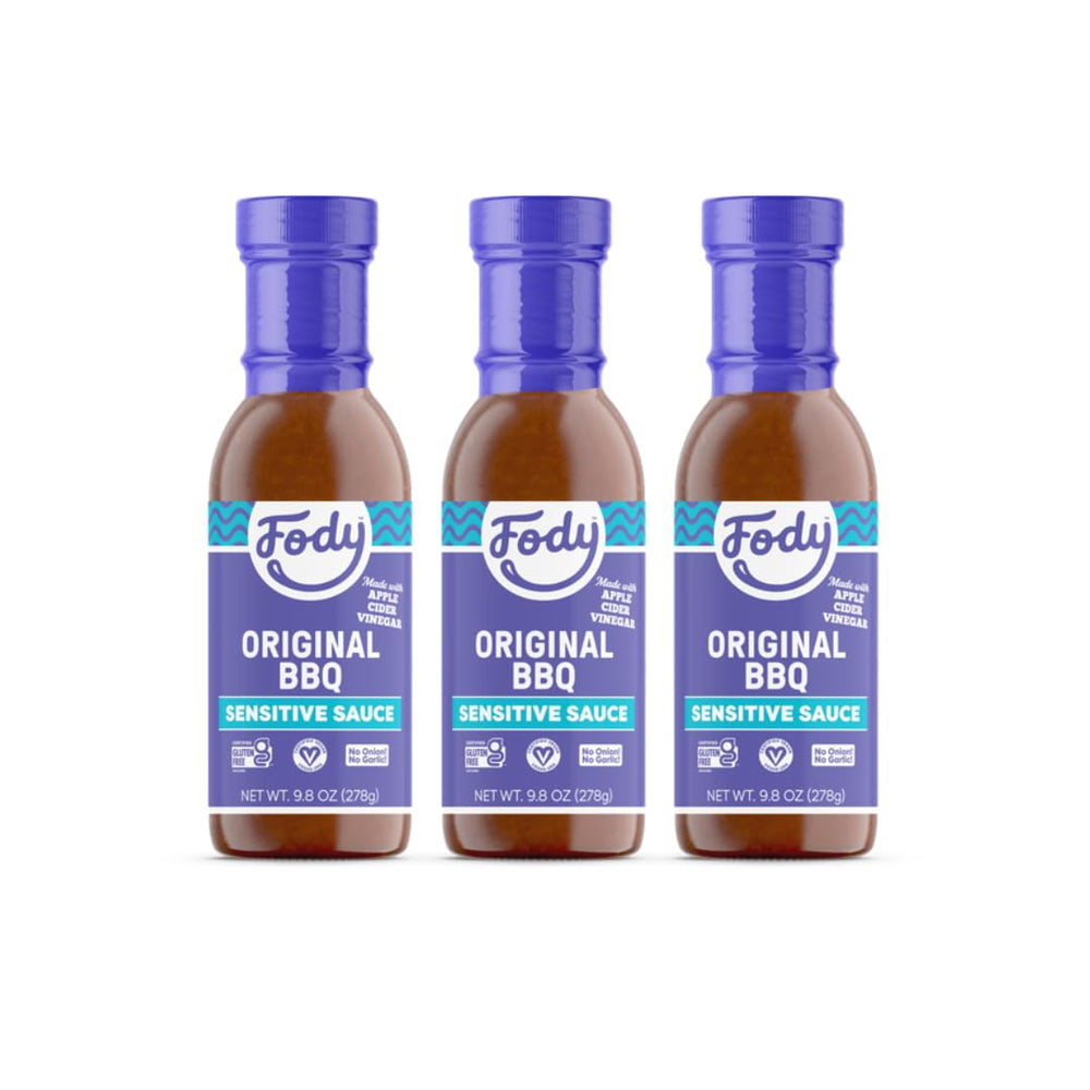 Fody Vegan BBQ Sauce front packaging showing three bottles and labels for low FODMAP benefit