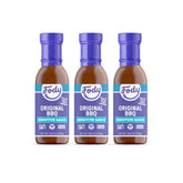 Fody Vegan BBQ Sauce front packaging showing three bottles and labels for low FODMAP benefit
