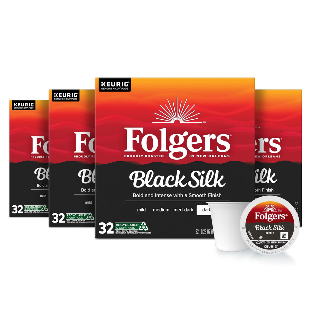 Folgers Black Silk front packaging showing bold dark roast branding and count