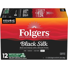 Folgers Black Silk front packaging showing bold label and 12-count convenience
