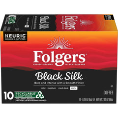 Folgers Black Silk front packaging showing bold dark-roast branding and convenience