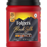 Folgers Black Silk front packaging showing brand and bold dark-roast benefit