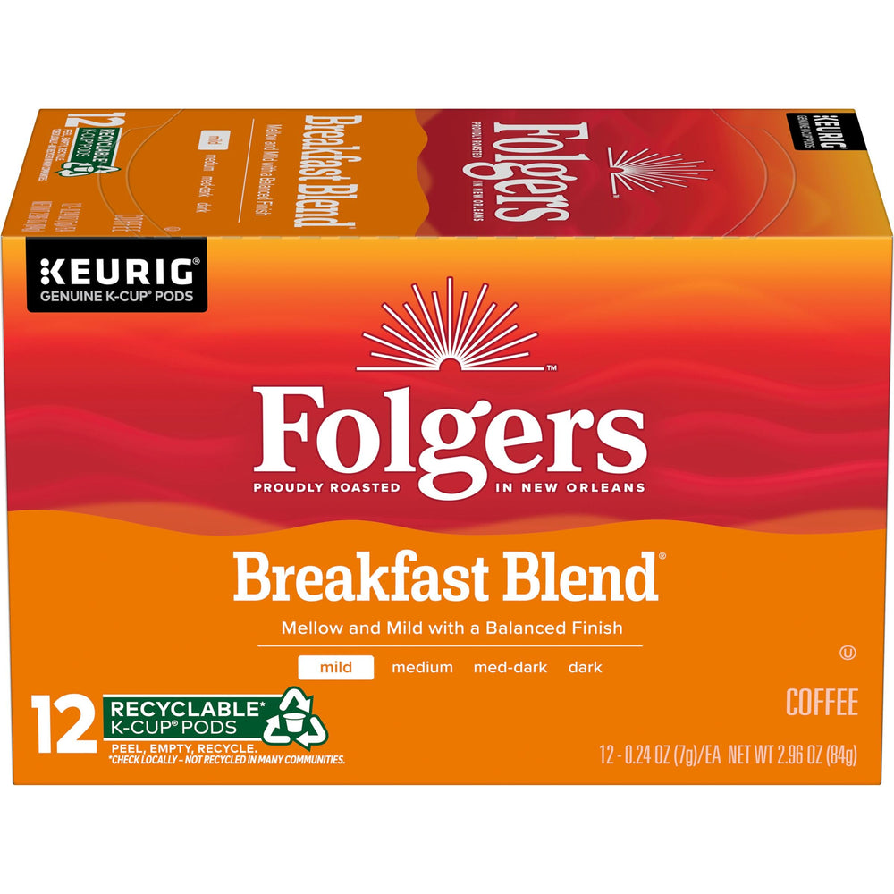 Folgers Breakfast Blend front packaging showing brand and mild roast benefits