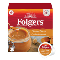 Folgers front box showing Caramel Drizzle flavor and benefits