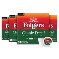 Folgers Classic Decaf front packaging showing medium roast pods and quantity benefit