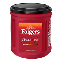 Folgers canister front view showing brand and size, emphasizing convenient supply