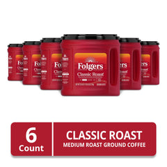 Six Folgers Classic Roast canisters stacked for pantry savings and convenience