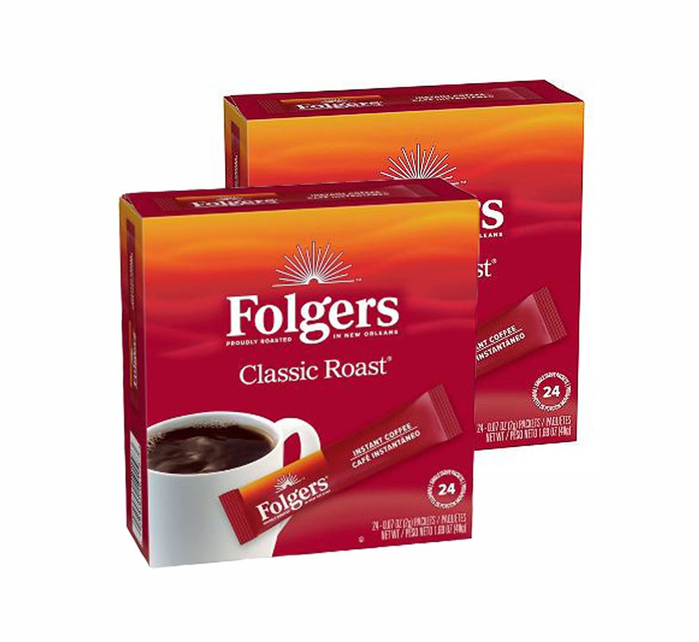 Folgers packet box front showing brand and count, convenient supply