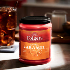 Heap of Folgers grounds texture showing fine grind and enticing caramel aroma