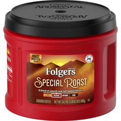 Folgers canister front view showing label and size, brand clarity and shelf appeal