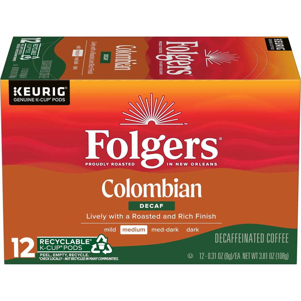 Folgers packaging front showing Colombian Decaf K-Cup pods with clear branding and freshness