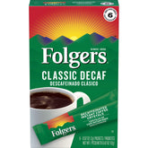 Folgers decaf front packaging showing quantity and classic logo for easy storage
