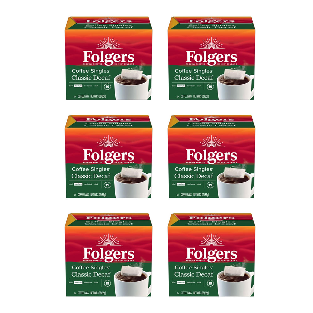 Folgers decaf front packaging showing six boxes and count benefit