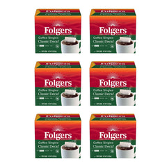 Folgers decaf front packaging showing six boxes and count benefit