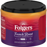 Folgers French Roast canister front view showing brand and bold roast benefits