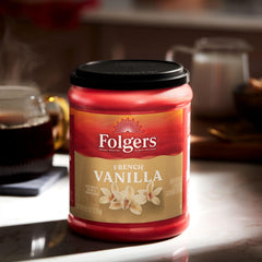 Close-up of Folgers French Vanilla label highlighting flavor and origin