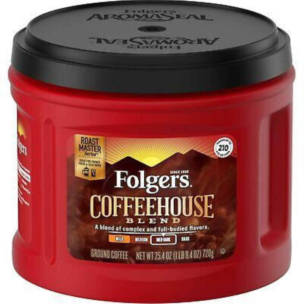 Folgers canister front view showing label and aroma seal for lasting freshness