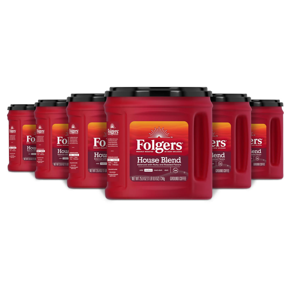 Folgers House Blend front packaging showing six canisters and brand