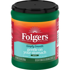 Folgers front canister view showing label and easy-store design, highlights quick brewing