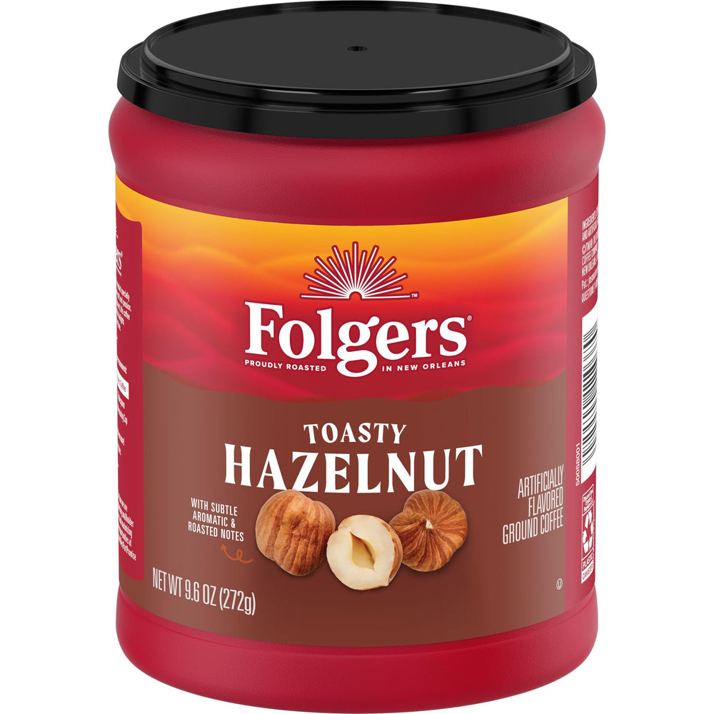 Folgers Toasty Hazelnut front canister showing label and size, highlights convenient supply