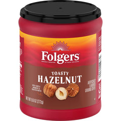 Folgers Toasty Hazelnut front canister showing label and size, highlights convenient supply