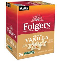 Folgers vanilla biscotti front packaging showing box and count, highlights convenience