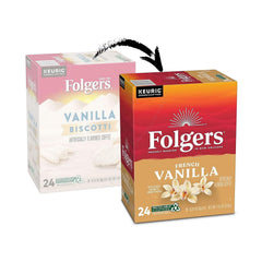 Folgers vanilla biscotti K-Cup pod closeup showing lid detail and single-serve benefit