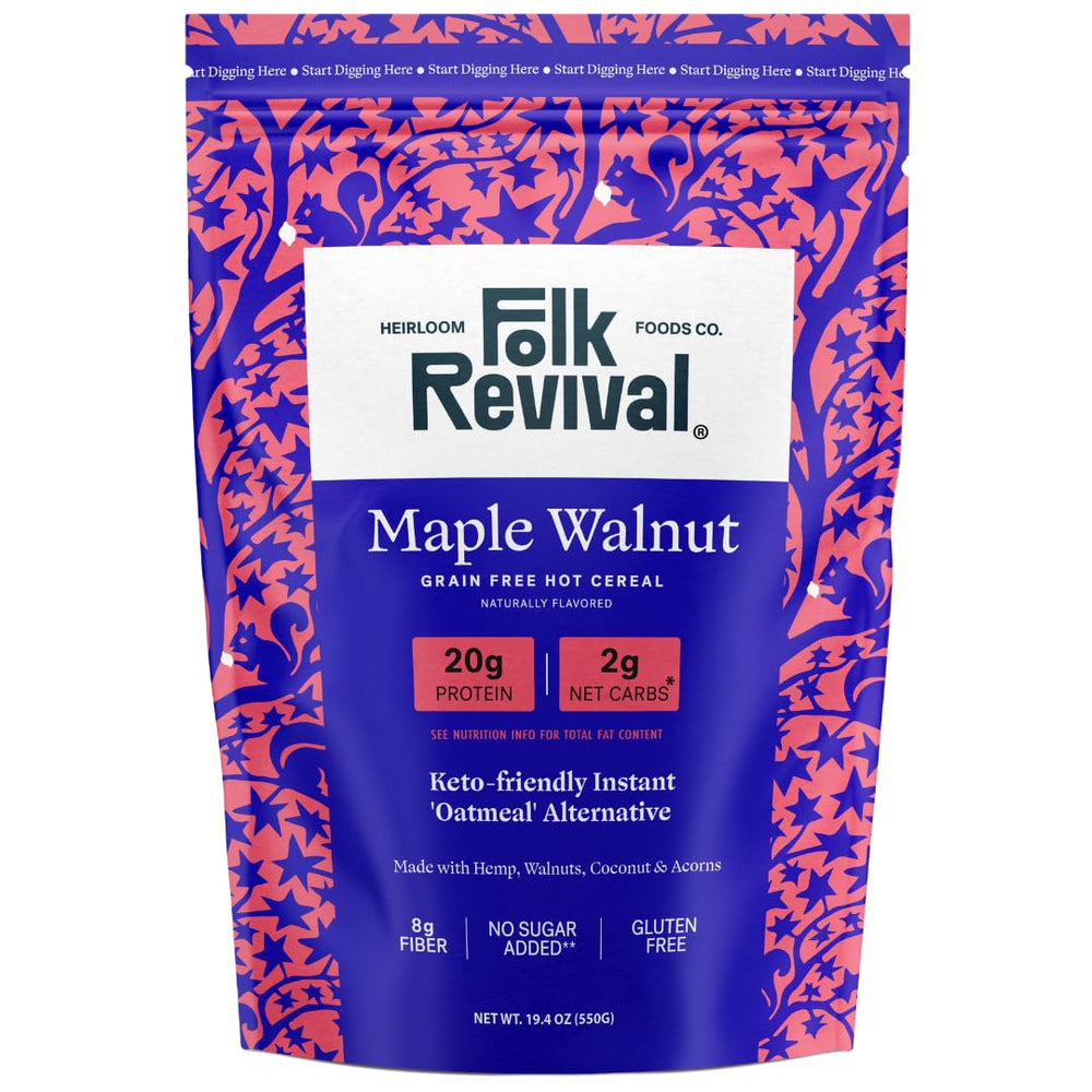 Folk Revival front pouch showing maple walnut keto instant oatmeal benefits