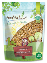 Food to Live front packaging showing 2-pound hulled barley bag and non-GMO badge