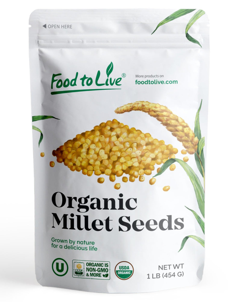 Food to Live front packaging showing 1 lb organic millet and clear label benefits