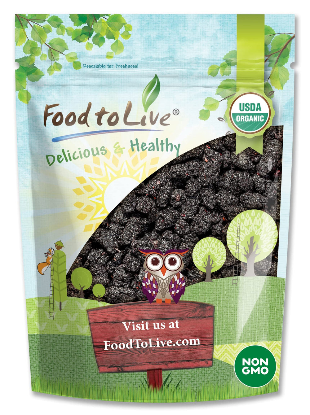 Food to Live front packaging of 2 lb organic black mulberries showing bulk value