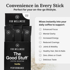 For Wellness mixed into coffee top view showing smooth vanilla cream for better focus