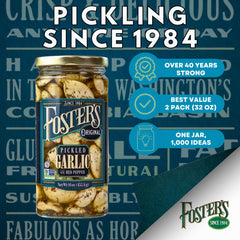 Close-up of Foster's pickled garlic texture showing tender cloves and brine clarity, highlights quality