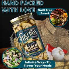 Foster's pickled garlic served on a cheese board with olives, adds savory garnish to spreads