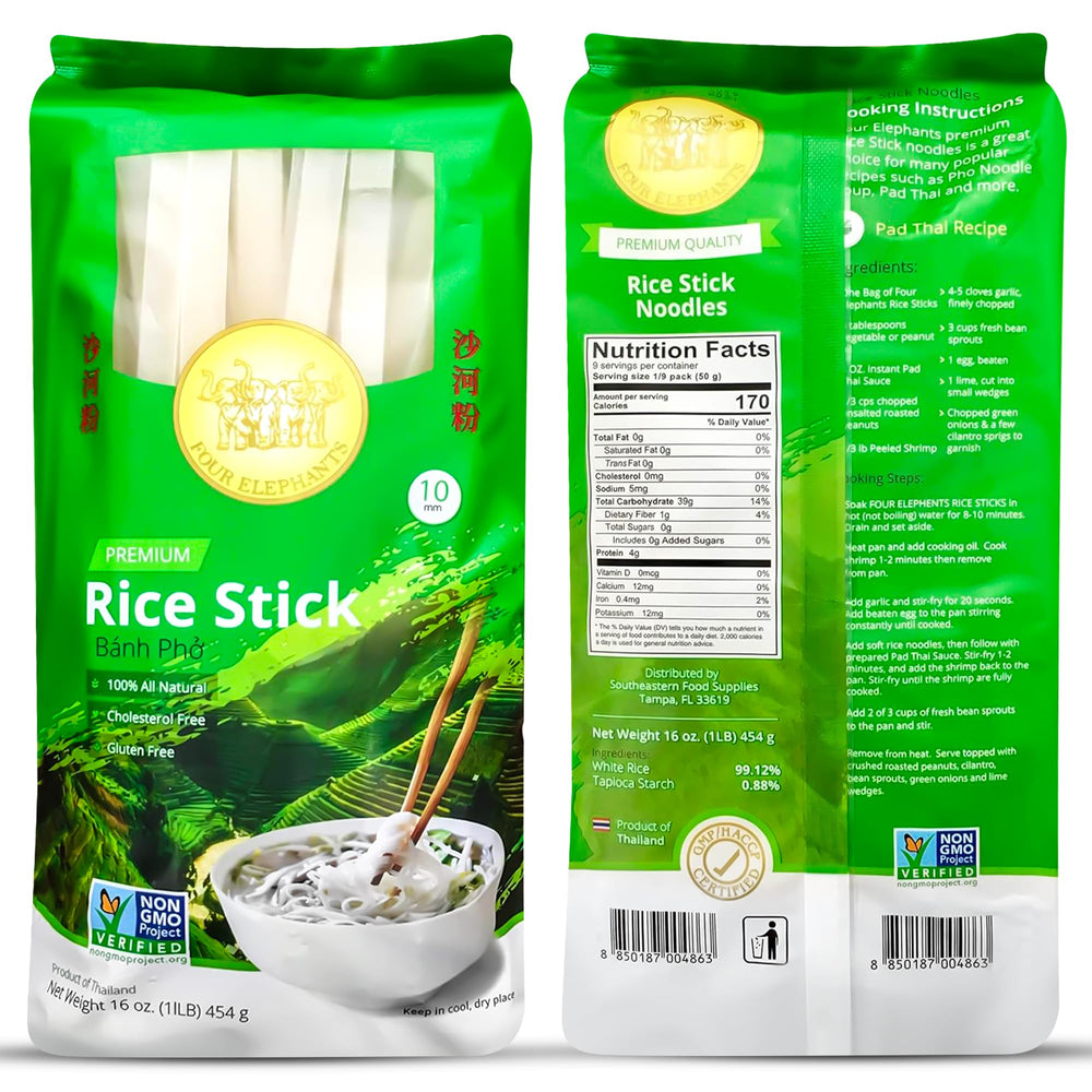 Four Elephants front packaging showing 10mm rice stick noodles and clear label benefit
