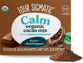 Four Sigmatic front packaging showing calming cacao sachets and benefits