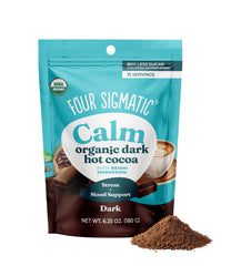 Four Sigmatic calm mushroom cocoa mix tin front showing label and organic branding benefits