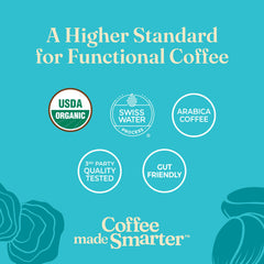 Four Sigmatic Calm bag beside a kitchen scale showing 10oz size clarity