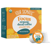 Four Sigmatic box front showing decaf mushroom coffee K-Cups with clear benefits