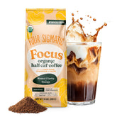 Four Sigmatic front bag view showing dark-roast half caf packaging and clear branding benefit clarity