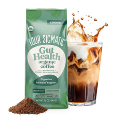Four Sigmatic front packaging showing gut health coffee and convenient resealable bag benefit