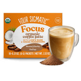 Four Sigmatic front packaging showing the organic mushroom latte packets and benefits
