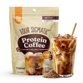 Four Sigmatic front packaging showing product name and servings, convenient travel size